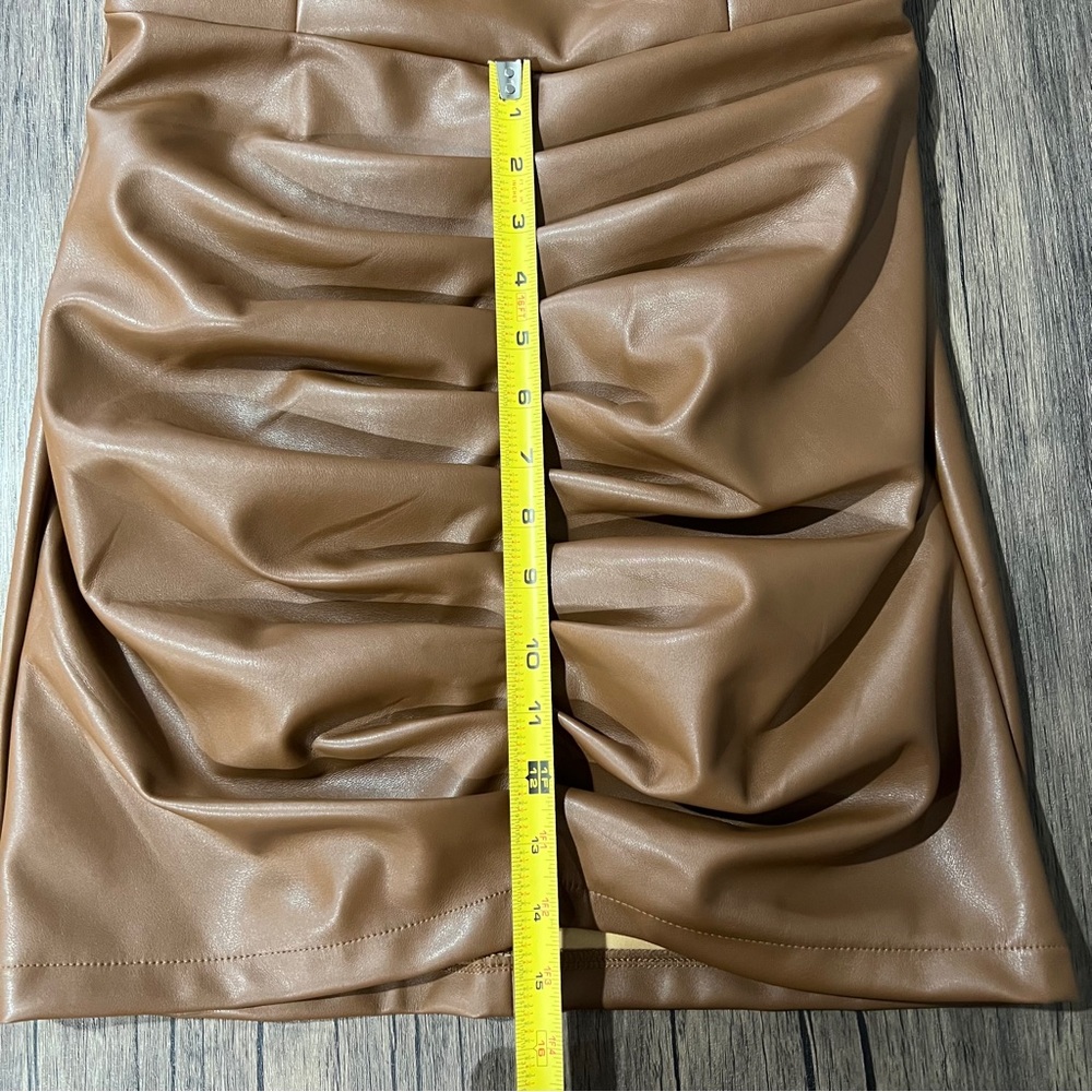 Micas Ruched Faux Leather V-Neck Bodycon Mini Dress Brown Size M - Picture 15 of 15